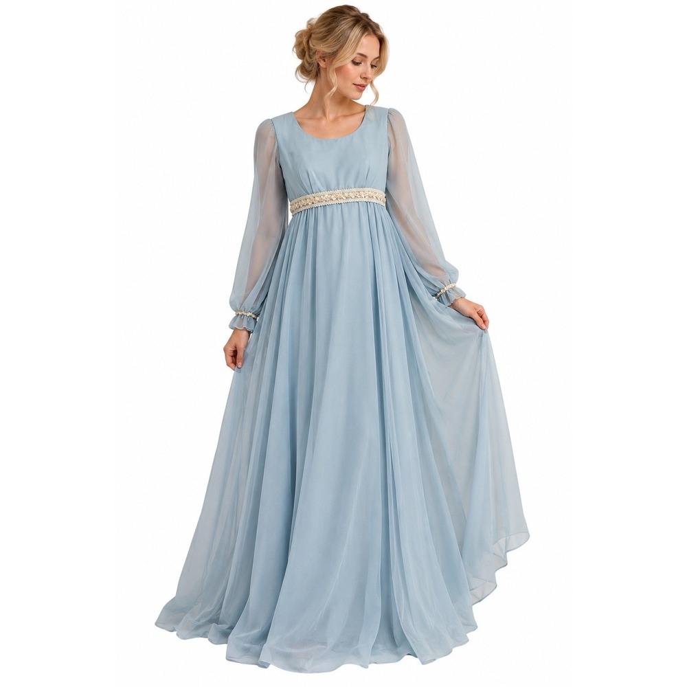 Vintage 60s Handmade Blue Chiffon Maxi Dress Small Regency Bridgerton Prairie
